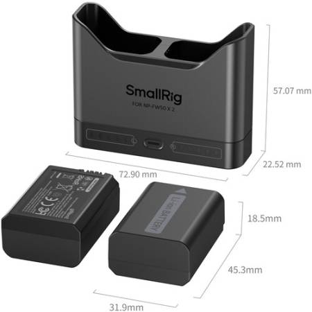 SmallRig 5488 - zestaw TURBO, dwukanałowa ładowarka, 2x akumulator Sony NP-FW50 - wymiary